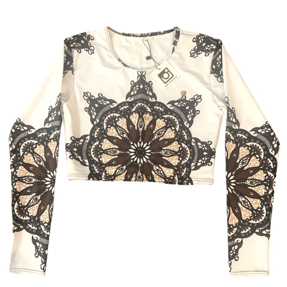 B FYNE NEW Midriff Swim Top White Brown Black Medium Tribal Print Long Sleeve